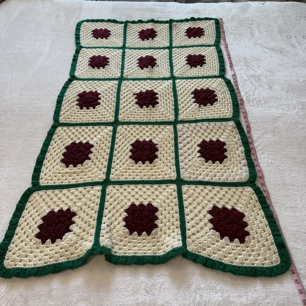 Hand Crocheted Granny Rectangle Throw‎ Afghan  Blanket 56 X 30 Red Green Ivory